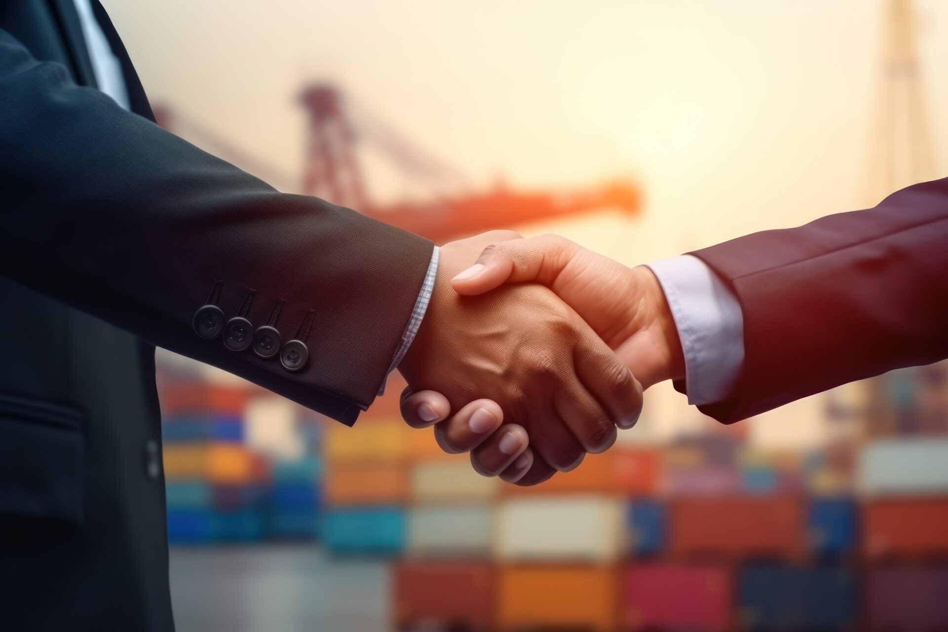 Handshake of two businessmen against the backdrop of a large container warehouse.